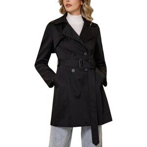 Women's Black Trench Coat Classic Double Breasted Lapel Windbreak Midi Outerwear